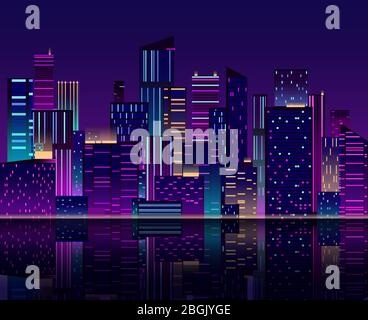 Night city skyline. Skyscraper with neon lights. Urban cityscape with buildings. 80s retro vector background. Panoramic city skyline, architecture cityscape scenery illustration Stock Vector