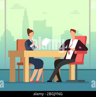 Employee woman and interviewer boss meeting at desk. Job interview and recruitment vector cartoon concept. Illustration of manager employment hiring candidate Stock Vector