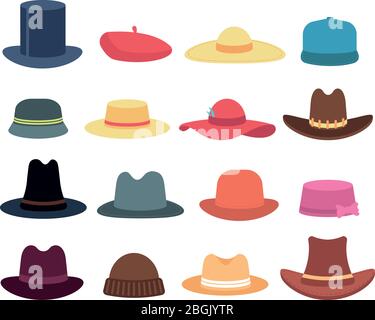 Man and woman hats. Cartoon hat and cap headdress vector isolated collection. Cap and hat, fashion headwear for gentleman or woman illustration Stock Vector