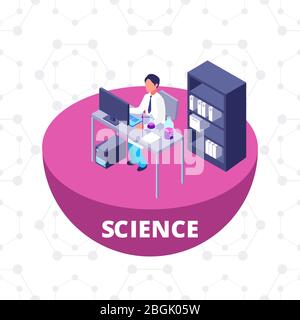 Science 3d isometric research lab with laboratory equipment and scientist vector illustration Stock Vector