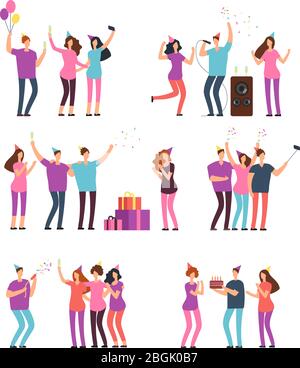 Friendly people men, women dancing, singing and having fun at party. Friends celebrating birthday. Vector cartoon characters isolated. Illustration of happiness celebration, celebrating disco party Stock Vector