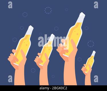 Hands with beer bottles. Excited girls and men toasting beer. Hanging out friends vector concept. Beer party in pub, hold drink beverage, toasting alcohol illustration Stock Vector