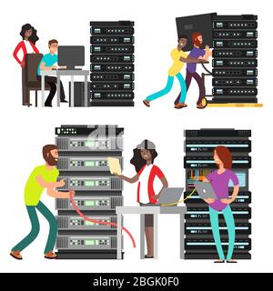 International team of computer engineers working in server room. Digital computer center support. Vector illustration Stock Vector