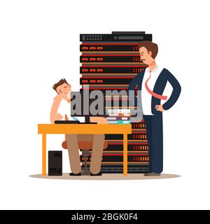 Tired server administration sleeps in workplace and angry boss stands nearby him isolated on white background. Vector illustration Stock Vector