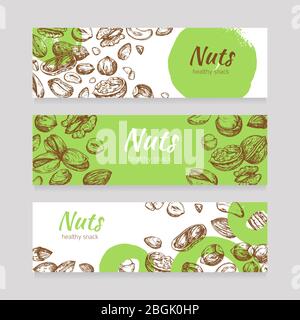 Eating nuts and seeds banners. Healthy food banner set in engraving style. Poster with nuts vintage drawing, vector illustration Stock Vector