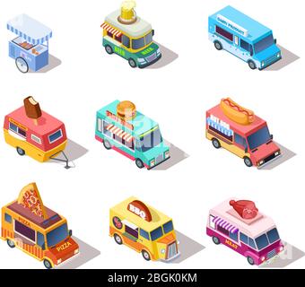 Isometric street food trucks and carts. Selling hot dogs and coffee, pizza and snacks. 3d isolated vector set. Illustration of market truck, street cart, ice cream and pizza Stock Vector