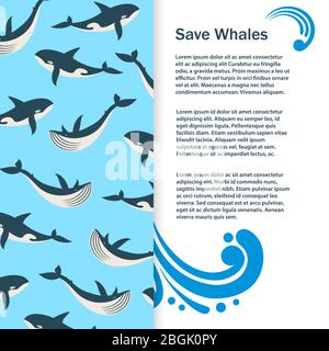 Save whales vector banner design. Wild whales flyer template illustration Stock Vector