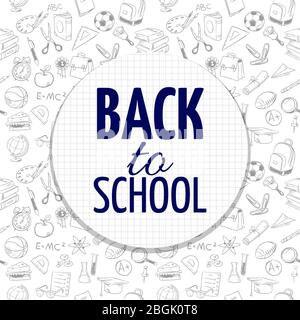 Back to school banner design with hand drawn school accessorises seamless pattern. Education sketch, supplies elementary for study, vector illustration Stock Vector