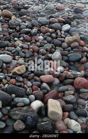 Colorful sea-worn rocks on the beach at St. Columba's Bay on the isle of Iona in Scotland show their colors especially well when wet. Stock Photo