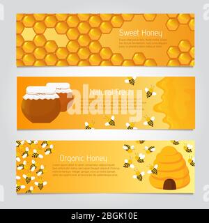 Honey banners. Cute cartoon honeybees with beehive. Vector set of honeybee poster, natural food and honeycomb illustration Stock Vector