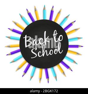 Chalkboard back to school vector banner or poster with realistic color pencils isolated on white background illustration Stock Vector