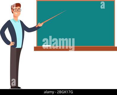 Cartoon young profesor, teacher man at blackboard teaching children in school classroom vector illustration. Education in class school, professor at chalkboard Stock Vector