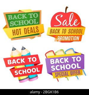 Back to school banners isolated on white background with desk, apple, pencils, books. Vector chalkboard and learning, hot deal and special offer illustration Stock Vector