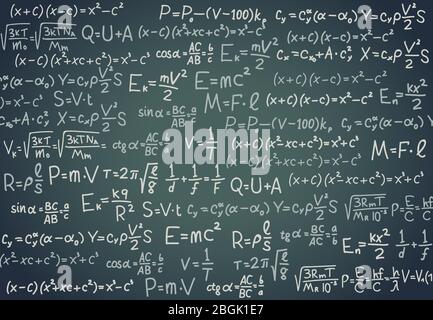 Black board with scientific formula. Algebra, mathematics and physics functions on chalkboard. School education vector background. Illustration of formula trigonometry handwriting Stock Vector