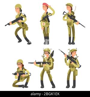 Cartoon characters female soldiers in various actions vector set isolated on white illustration Stock Vector