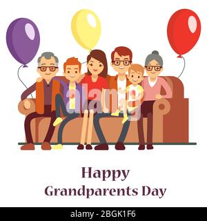 Happy family with grand mother and grandfather. Grandparents Day poster with cartoon character people. Vector grandma and grandpa with grandchildren illustration Stock Vector