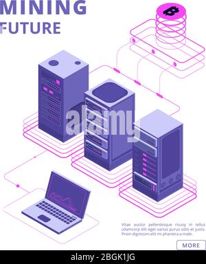 Blockchain, token trading, bitcoin and altcoin farms, crypto bank, ico vector isometric concept with business people, laptop, server. Crypto digital system equipment illustration Stock Vector