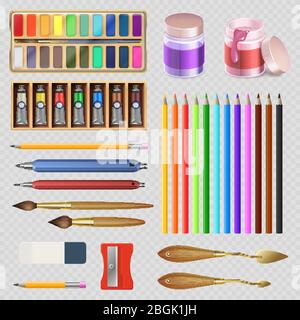 Realistic artistic tools isolated on transparent background. Vector paint instrument, brush and pencil for draw illustration Stock Vector