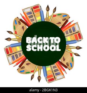 School vector chalkboard banner with realistic brushes, paint, pencils isolated on white background illustration Stock Vector