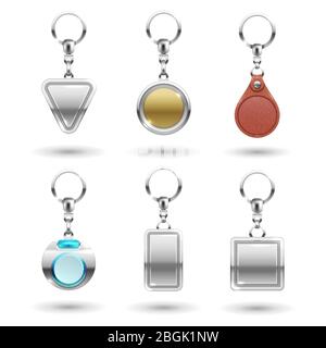 Realistic vector silver, golden, leather keychains in different shapes isolated on transparent background. Keychain metallic souvenir, trinket keyring, keyholder and breloque illustration Stock Vector