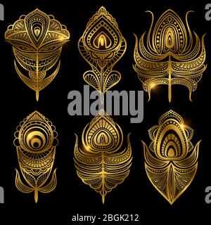 Set of golden feathers vector isolated on black background illustration Stock Vector