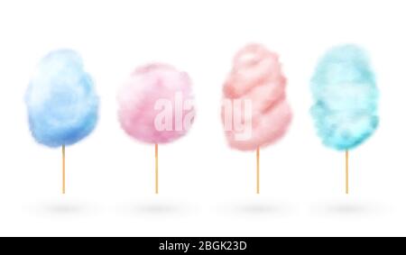 Cotton candy. Candyfloss, kids sugar yummy snack. 3d confectionery vector illustration isolated on white background. Illustration of sugar fluffy cloud on stick Stock Vector