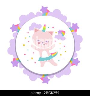 Cute happy cat banner design. Cartoon kitten with stars and rainbow isolated on white. Vector illustration Stock Vector