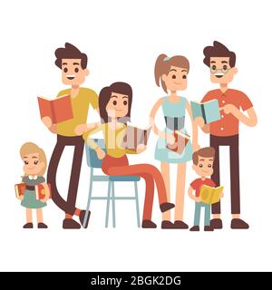 Cartoon family character kids and adults with books isolated on white background. Vector illustration Stock Vector