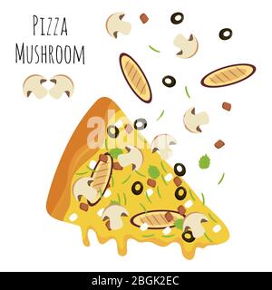 Italian mushroom pizza slice with falling isolated ingredients. Vector illustration Stock Vector