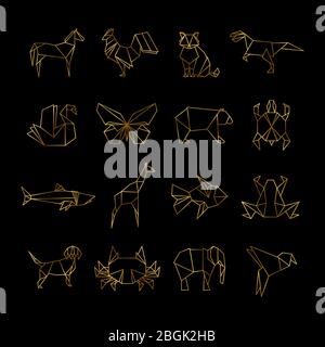 Golden japanese origami paper animals vector line icons of set illustration Stock Vector