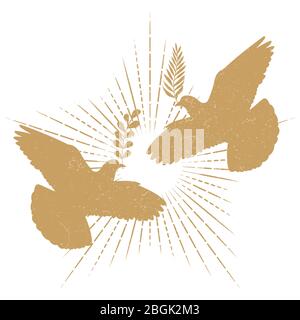 Grunge dove peace silhouette and starburst. Hipster pigeon logo isolated on white background. Vector illustration Stock Vector