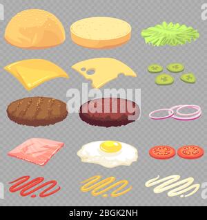 Sandwich, burger, cheeseburger food ingredients cartoon vector set isolated on transparent background. Vector cheese and meat, tasty and fast illustration Stock Vector