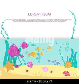 Vector underwater life with colored fish cartoon banner and poster design illustration Stock Vector