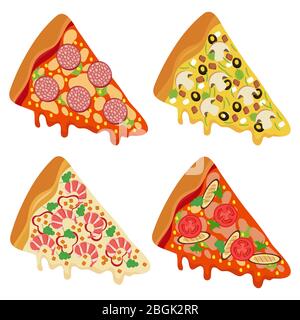 Tasty fresh pizza slices isolated on white background. Collection of pizza with mushroom or shrimp, vector illustration Stock Vector