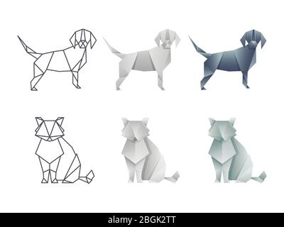 Set of vector japanese origami cat and dog isolated on white background illustration Stock Vector