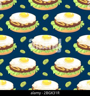 Fast food seamless pattern with omelette sandwich and pickles. Vector illustration background Stock Vector