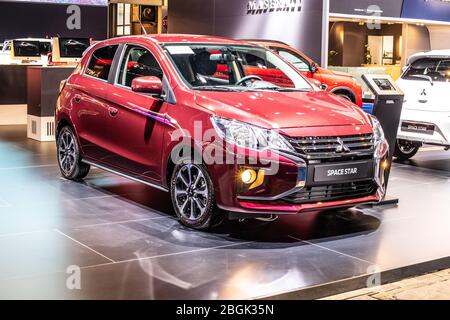 Brussels, Belgium, Jan 2020 Mitsubishi Space Star, Brussels Motor Show, 6th gen 2nd facelift, small car produced by Japanese automaker Mitsubishi Stock Photo