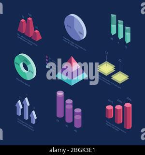 Isometric 3d business statistics data charts, percentage diagram, financial growth graphics. Vector info screen panel. Illustration of chart infographic bar, concept data and diagram Stock Vector