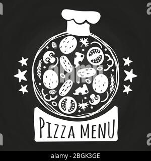 Chalk board pizza. Pizzeria menu chalk banner vector design isolated on black illustration Stock Vector