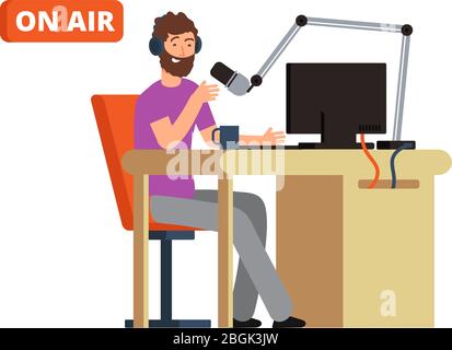 Broadcast in radio studio. Broadcasting person with microphone and headphones. Cartoon vector illustration. Broadcasting studio and radio dj with mic Stock Vector