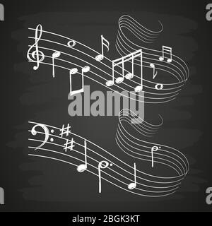 Chalk sketch musical sound wave with music notes on blackboard isolated. Vector illustration Stock Vector