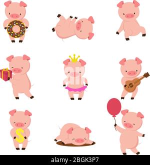 Kawaii pigs. Funny baby pig in mud, piggy eating and running. Cartoon swine vector character. Illustration of piglet adorable, funny pig in puddle Stock Vector