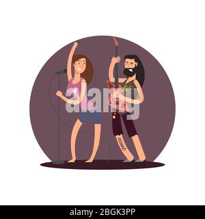 Rock guitarist and female cute singer vector character icon isolated on white illustration Stock Vector