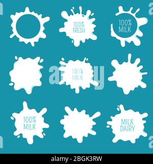 Cow milk blots, splashes and drops. Farm fresh dairy product vector labels and logos isolated. Illustration of yogurt splash, dairy drink stain Stock Vector