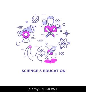 Science and education flat line vector concept isolated on white illustration Stock Vector
