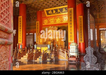 Beijing, China - Jan 9 2020: A throne inside Qianqinggong (Palace of Heavenly Purity) in Forbidden City Stock Photo