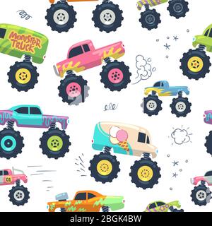 Monster cars seamless pattern. Kid trucks with big wheel. Vector endless background. Pattern and background seamless, monster car with large wheel illustration Stock Vector