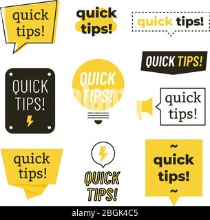 Quick tips, helpful tricks vector logos, emblems and banners vector set isolated. Helpful idea, solution and trick illustration Stock Vector