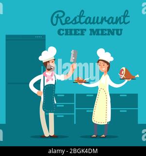 Restaurant background with kitchen silhouette and cartoon chef and cooks. Vector illustration Stock Vector