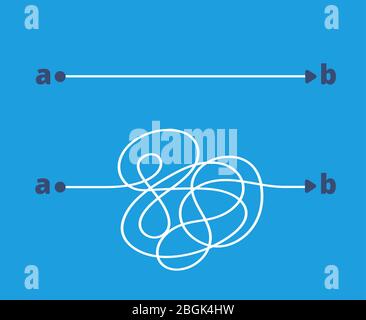 Simple and complicated paths. Easy and difficult way from a to b. Choice and success solution in business vector concept. Illustration of solution simple path, strategy way choice Stock Vector